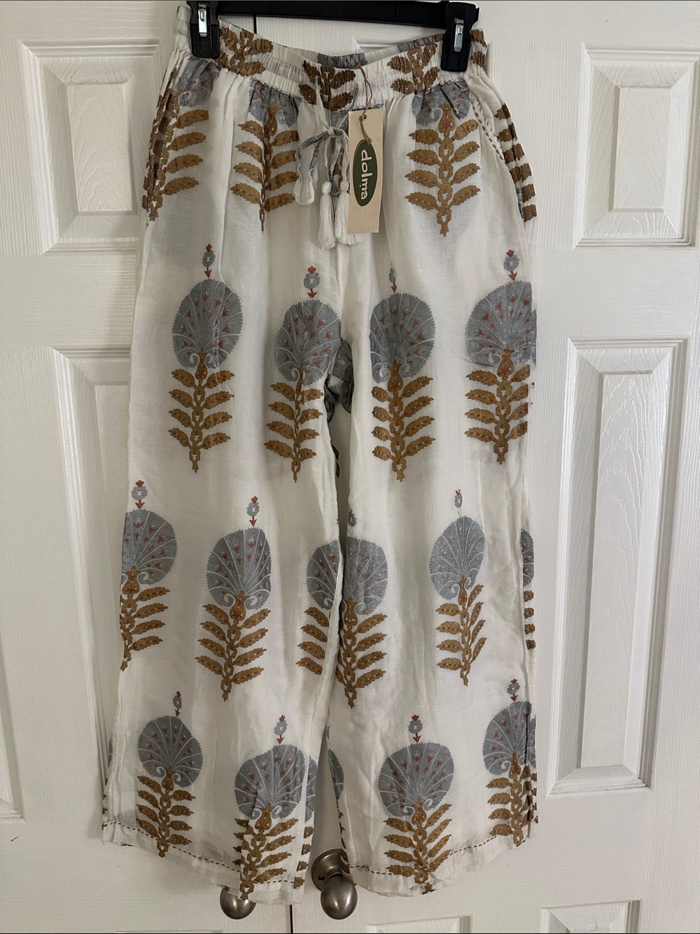 White Wide-Leg Printed Drawstring Pants